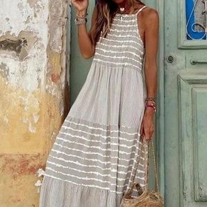 Grey and White Striped Maxi Dress